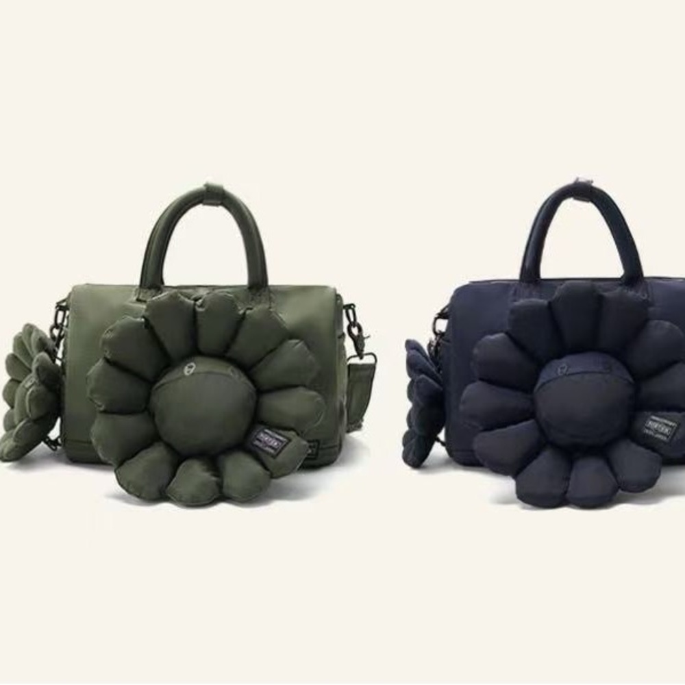 Quilted Daisy Accent Satchel Handbag - Olive and Navy - Picture 3 of 5